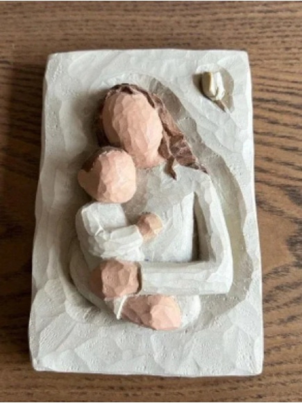 Hand-Carved Mother and Child Wall Sculpture in Cream and Peach